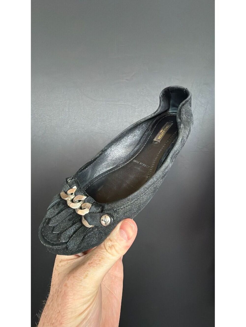 Louis Vuitton Black Sparkle Flats w/Chain Size 38